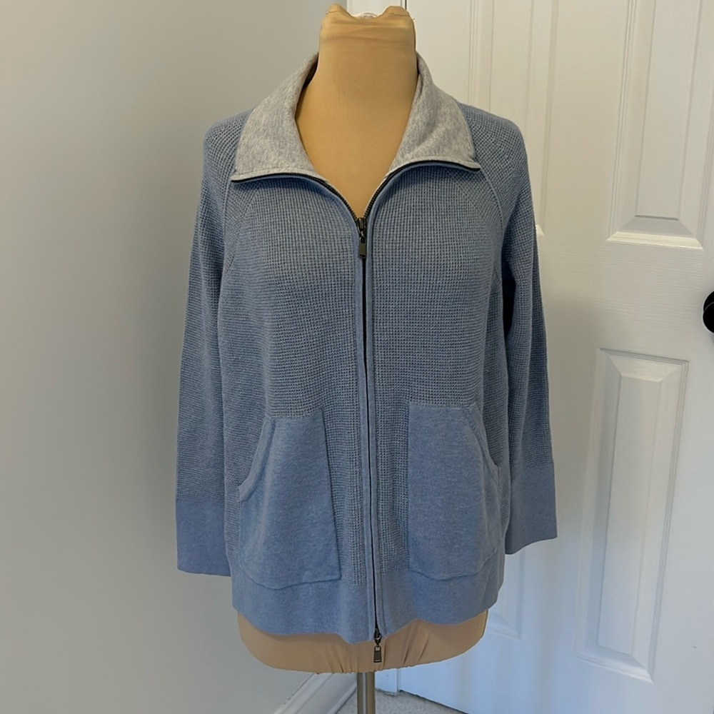 Kinross Cashmere Blue Waffle Knit Full Zip Cardigan